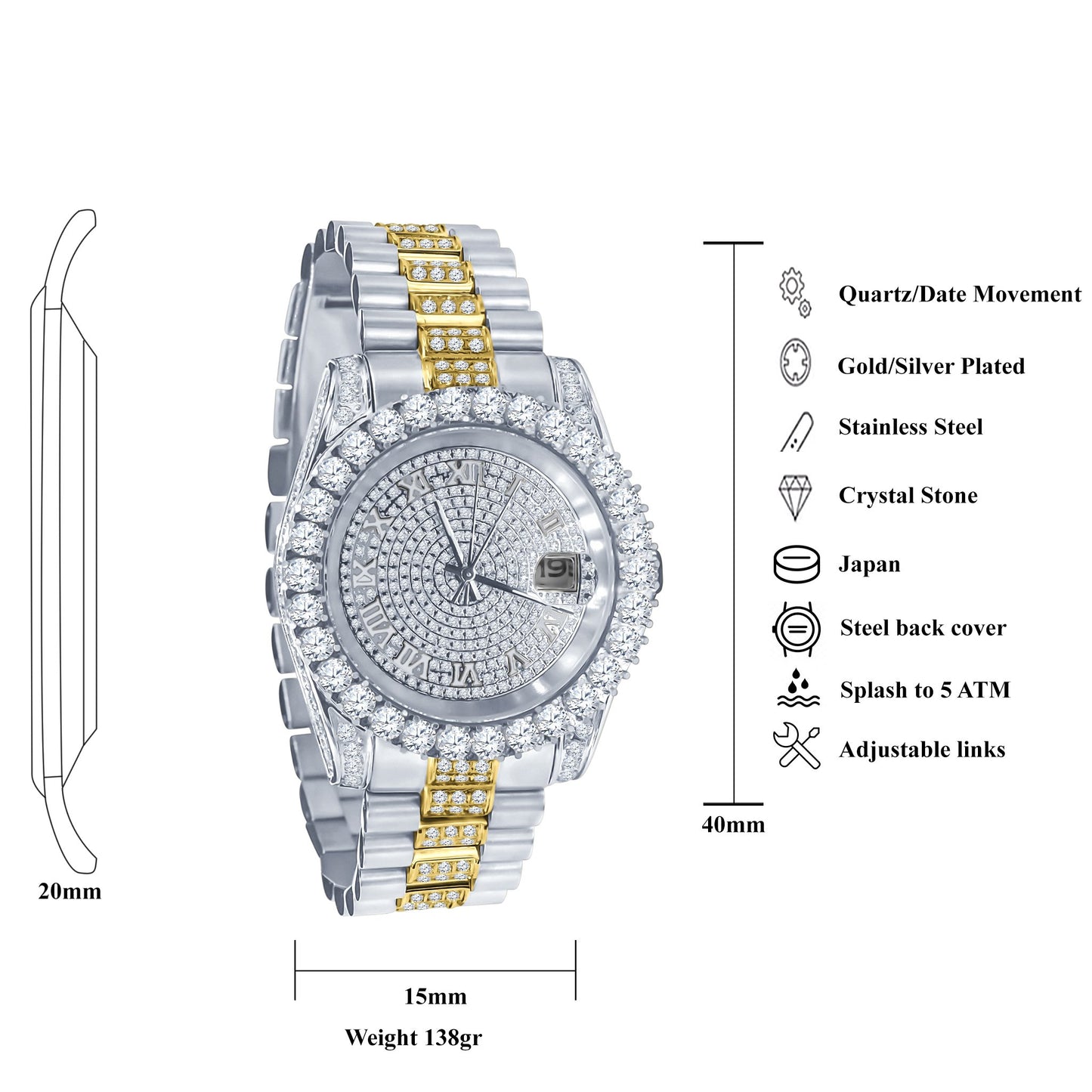 Forte Steel CZ Watch | 530301, Lilac Quartz, Watches, forte-steel-cz-watch-581111-331920378, category-reference-2994, hip hop steel watch, iced out steel watch, stainless steel watches, RiotNook